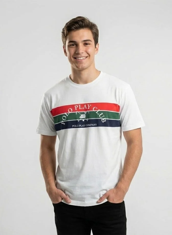 لعب البولو تيشيرت رجالي مطبوع أبيض